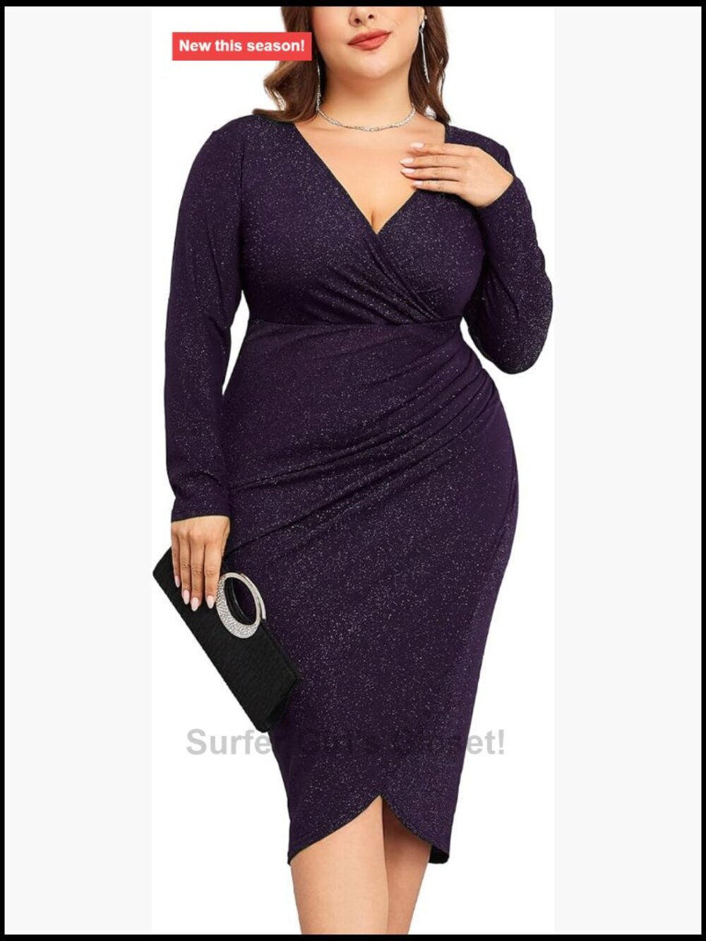 Plus Size Sequined Ruched Bodycon Midi Dress Long Sleeve Wrap V Neck Cocktail